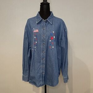 Vintage‎ American Original Denim Shirt XXL Patriotic USA Flag Embroidered